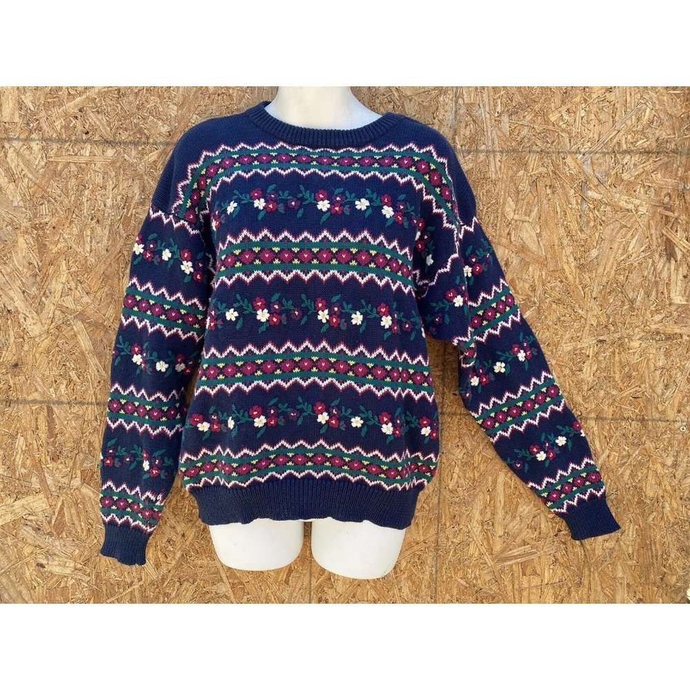 J. Christopher Womens Blue cotton Floral  Pullover Sweater M Cottagecore Cabin
